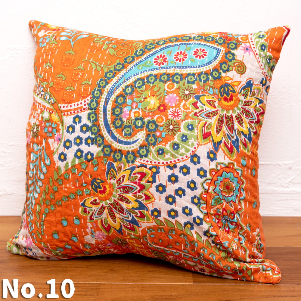 クッションカバー コットン，刺繍 カンタ ウッドブロック : インド