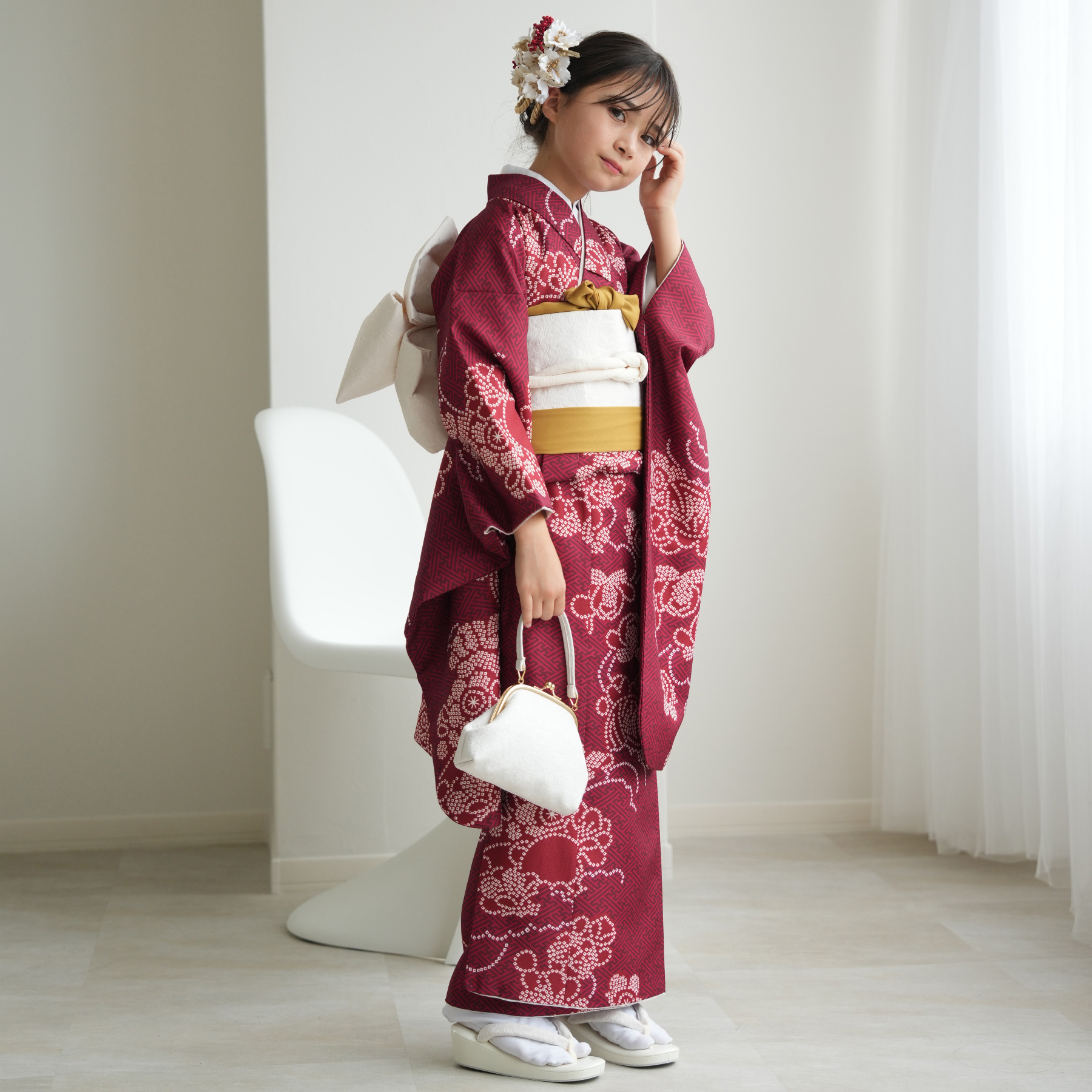 レンタル 10歳 振袖セット 女の子 ひよこ商店 えんじの絞り柄 ハーフ