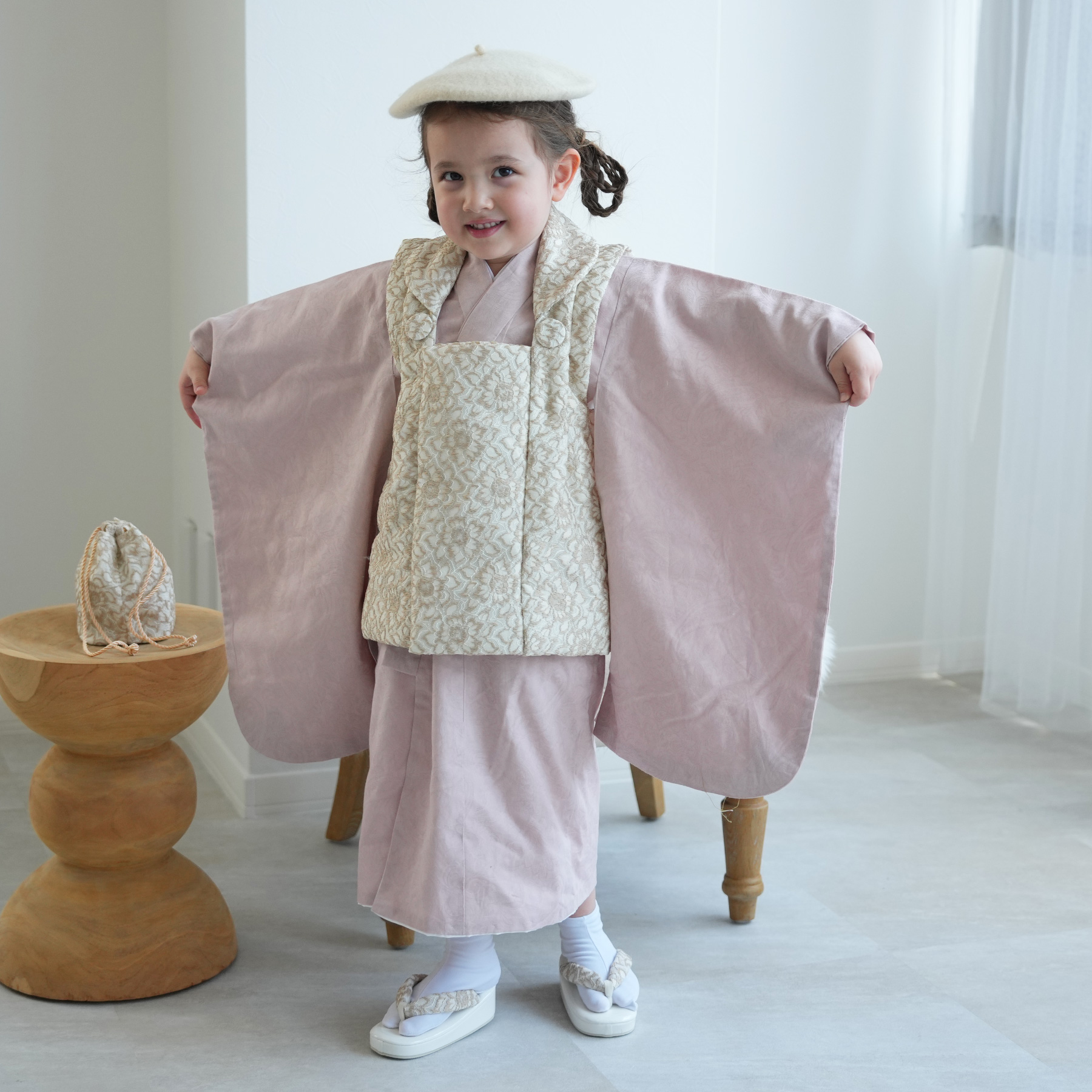 七五三 着物 3歳 女の子 ひよこ商店 kids ベレー帽つき被布フルセット