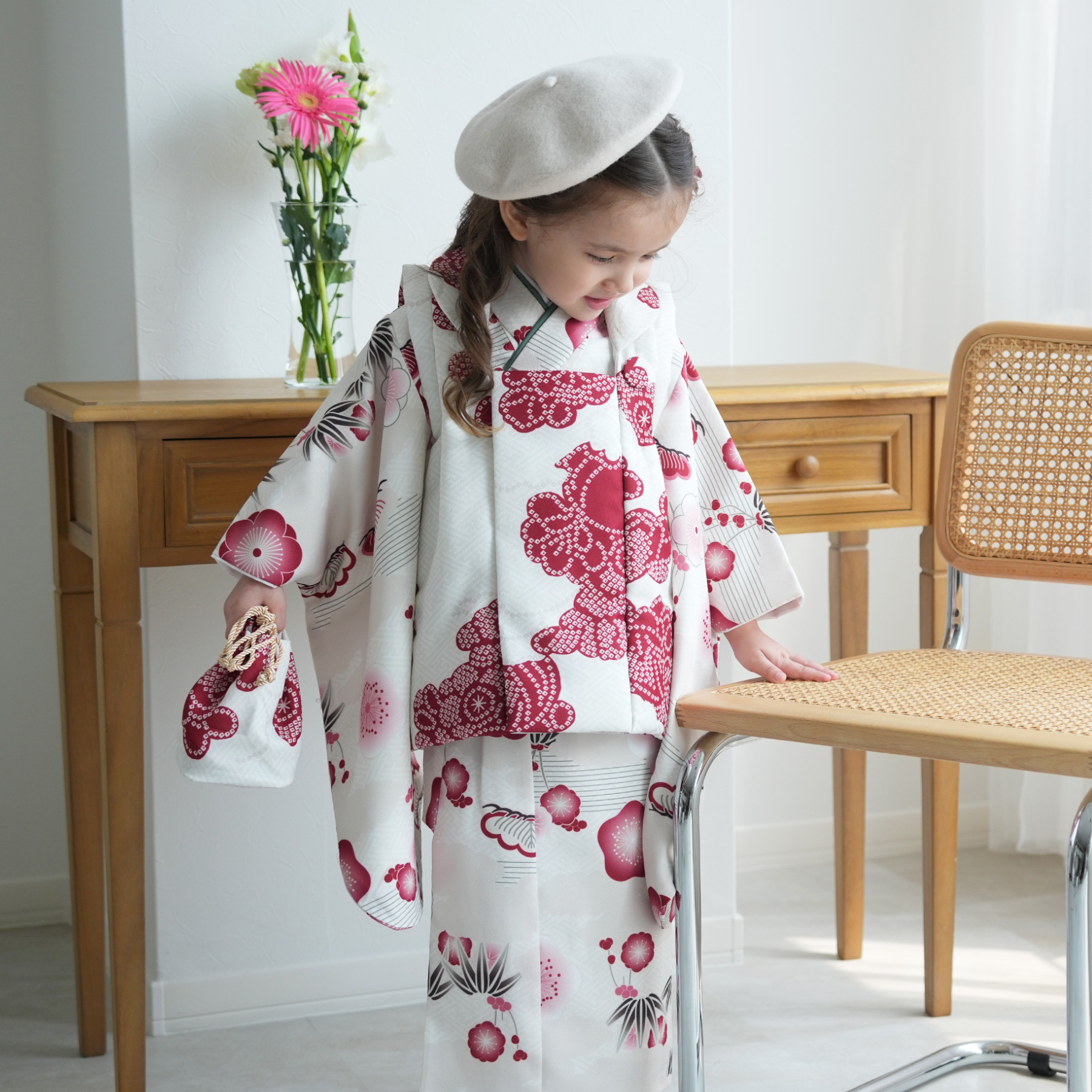七五三 着物 3歳 女の子 ひよこ商店 kids ベレー帽つき被布フルセット