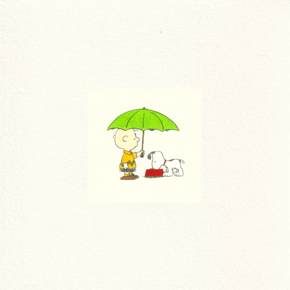 スヌーピーエッチング / スヌーピーとチャーリーブラウン 傘 / 白木額