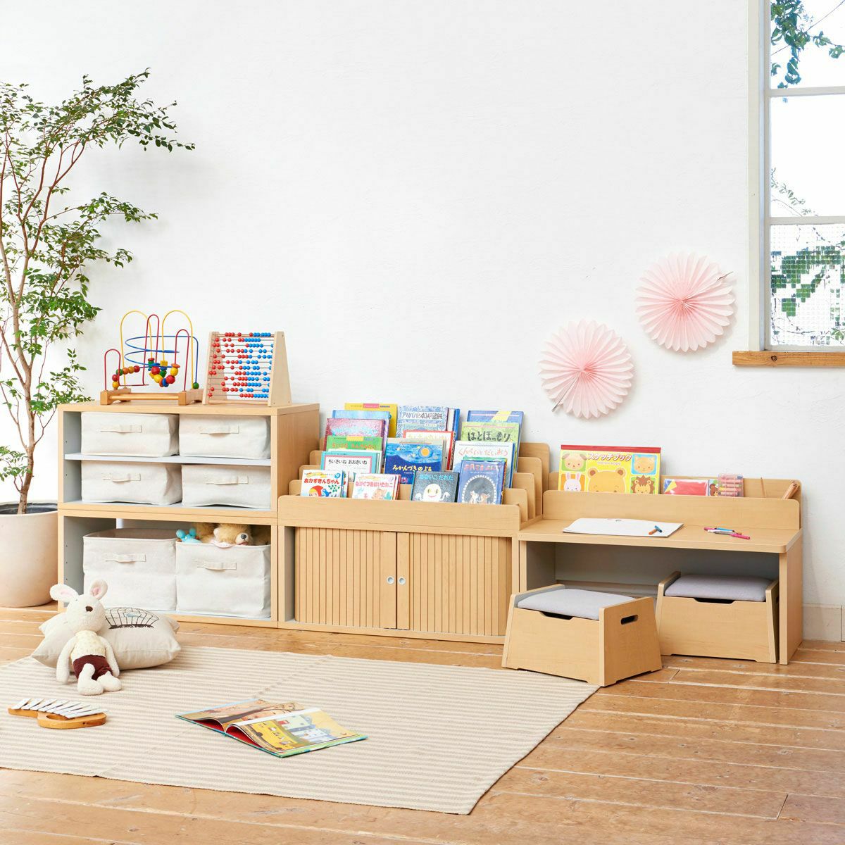 キッズ用ラック 収納棚 幅91cm 高さ38cm ナチュラルブラウン グレー