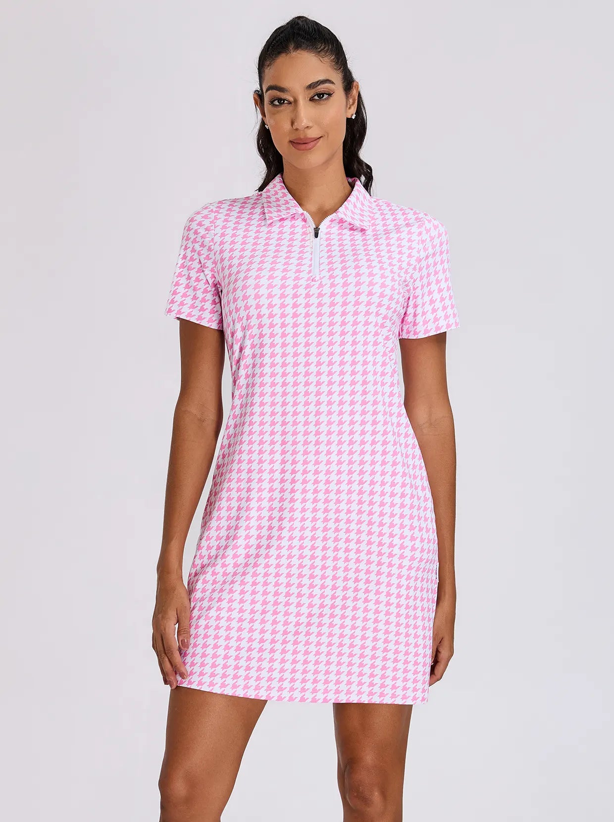 Women's Pink Houndstooth Breathable Short-sleeve Dress | Soneven
