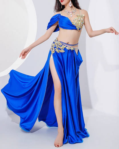 送料無料】 即納 ベリーダンス衣装 オリエンタル セットアップ ブルー