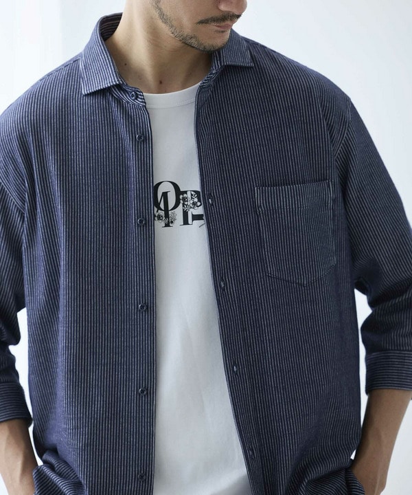 ストライプサッカー七分袖ワイドカラーシャツ｜メンズファッション通販