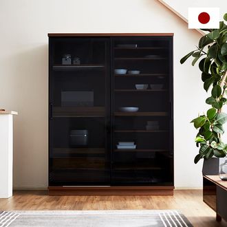 完成品】国産食器棚(幅140) ガラス扉のキッチン収納 可動棚 モイス付き