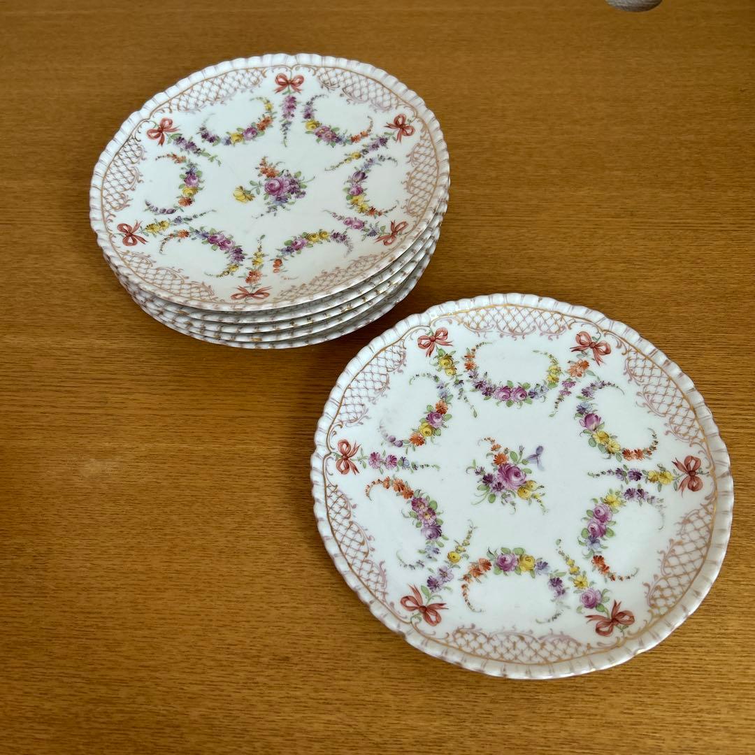 【ドレスデン】Ornamental 花柄リボン皿 6枚セット 作家 はなクラフト 6寸リム輪花皿 墨入貫入｜和食器通販 四季折折