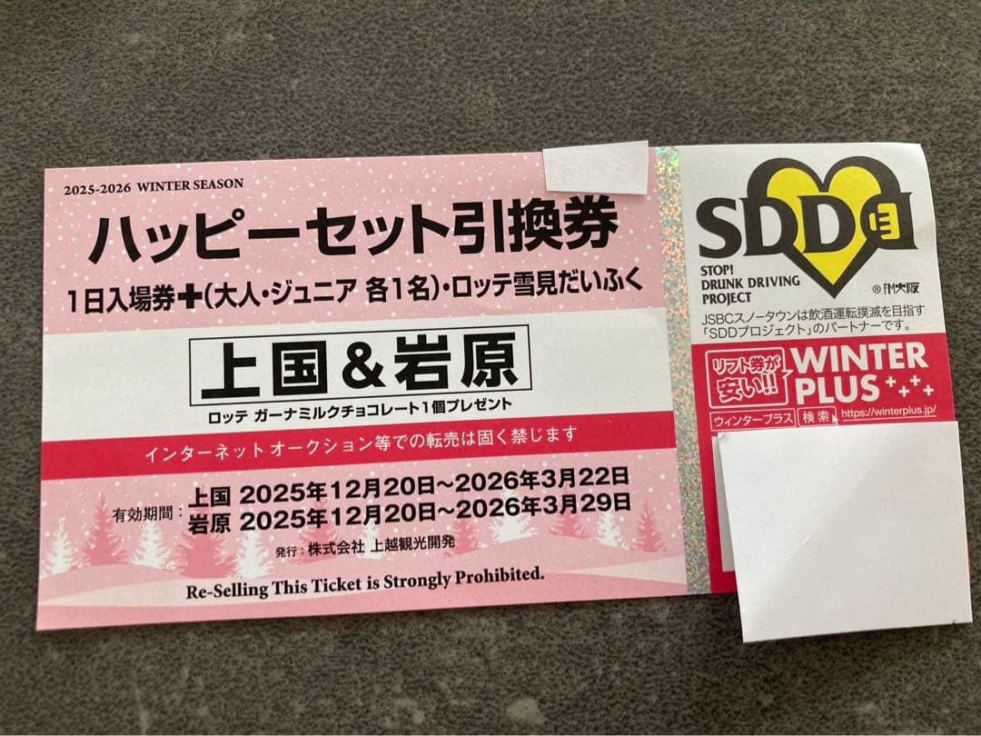 上国&岩原スキー場 共通リフト 1日入場券＋◇大人1枚・ジュニア1枚