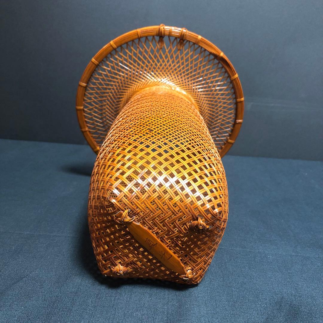 花入 小原流 竹細工 林真光 在铭 竹編手付 花籠 華道具 花器 竹籠