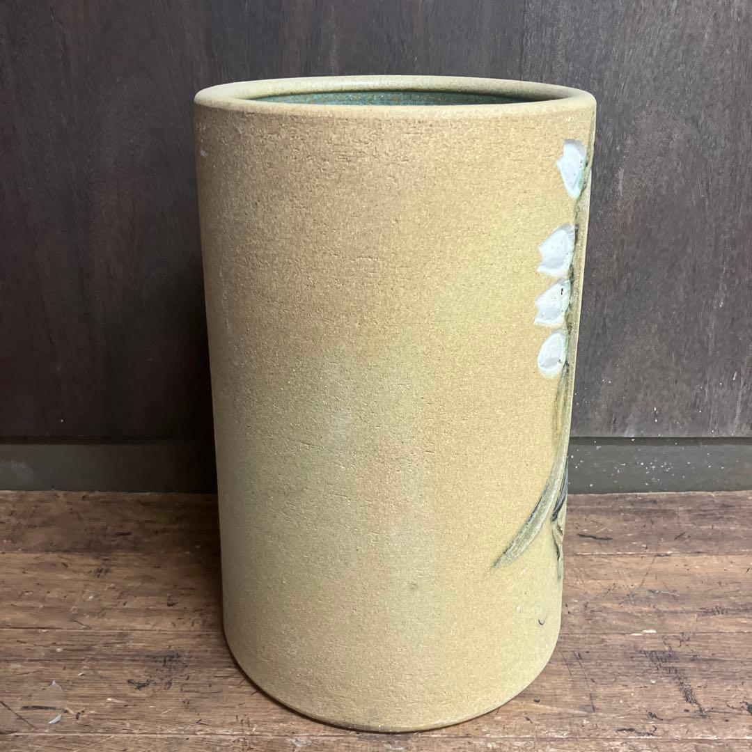 C-5 昭和レトロ 陶器製 傘立て 花柄 浮彫り 和モダン シリンダー型