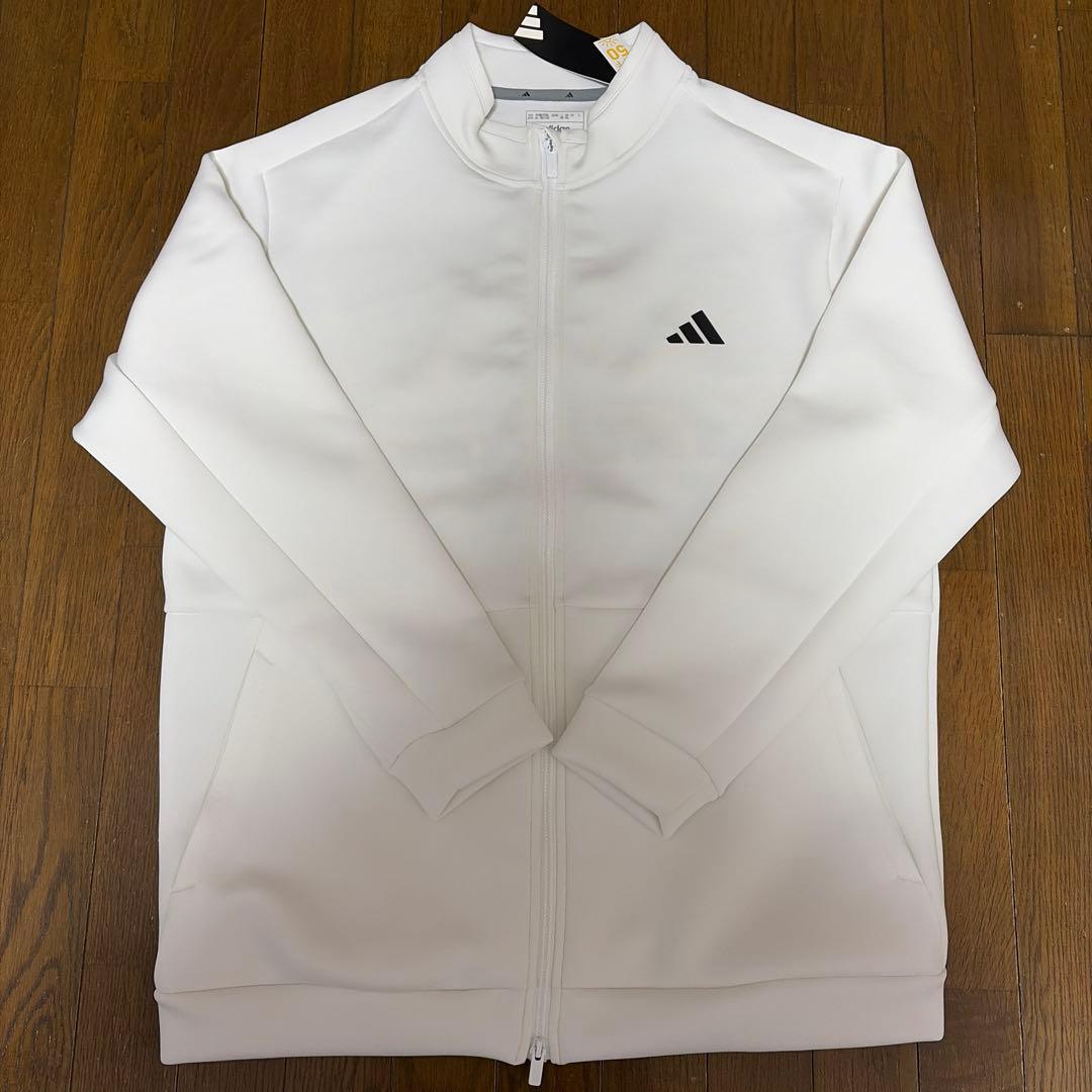 【未使用】adidas バックロゴ付フルジップジャケットJSR69/3XL アディダス ゴルフウェア 長袖トレーナー 秋 冬 ダンボールニット