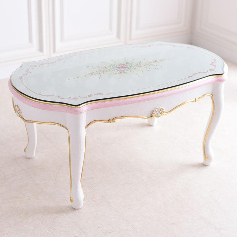 ロココ調 ガラス天板付きセンターテーブル Royal Furniture】ロココ調 センターテーブル【ブルー / ガラス天板