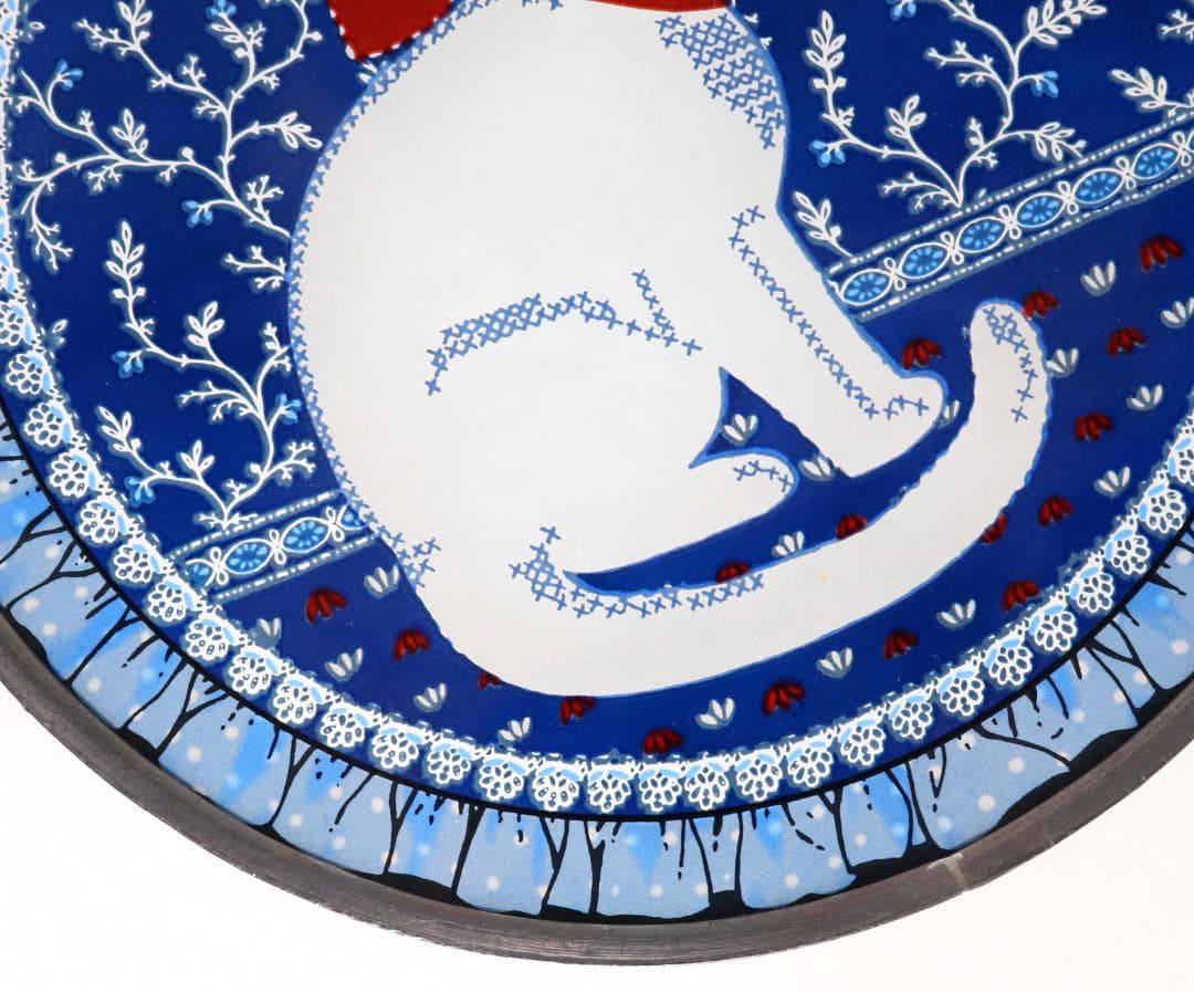 赤いリボンを巻いた白猫 ヴィンテージ ステンドグラス レア 丸型 ブルー 青