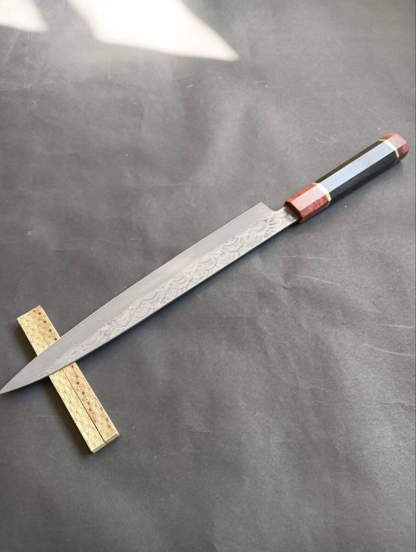 墨流しV金10号柳刃包丁285mm 黒檀花梨瘤八角柄 勘所型 切付和牛刀 V金10号 330mm 全鋼本焼 木砥仕上 八角黒檀柄-歌舞