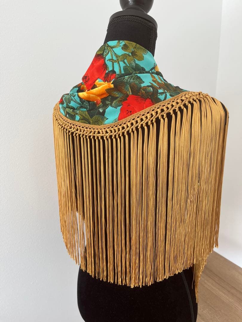 フラメンコ ターコイズブルー花柄 ゴールドフレコ スペイン製 マントン