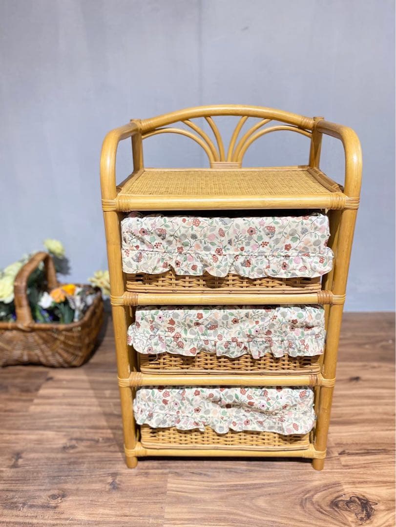 籐 ラタン チェスト 昭和レトロ インテリア 3段 花柄 かご - メルカリ