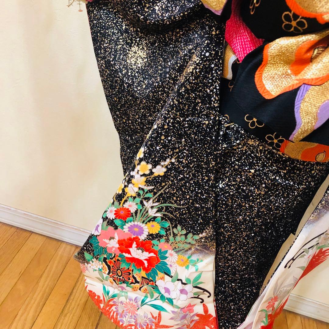 豪華7歳完全フルセット‼️豪華黒地ラメキッラキラ⭐︎花車扇金彩刺繍煌