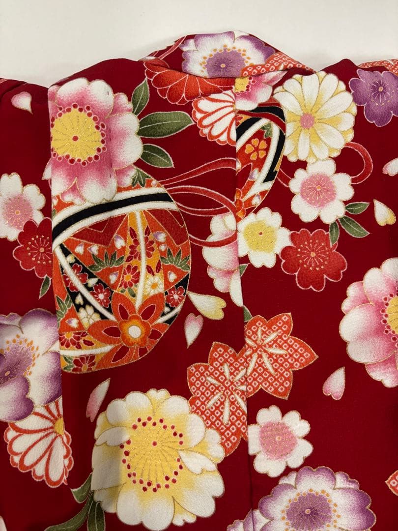 七五三 女の子着物 2点セット 華やか赤縮緬風 手鞠 八重桜 日本製