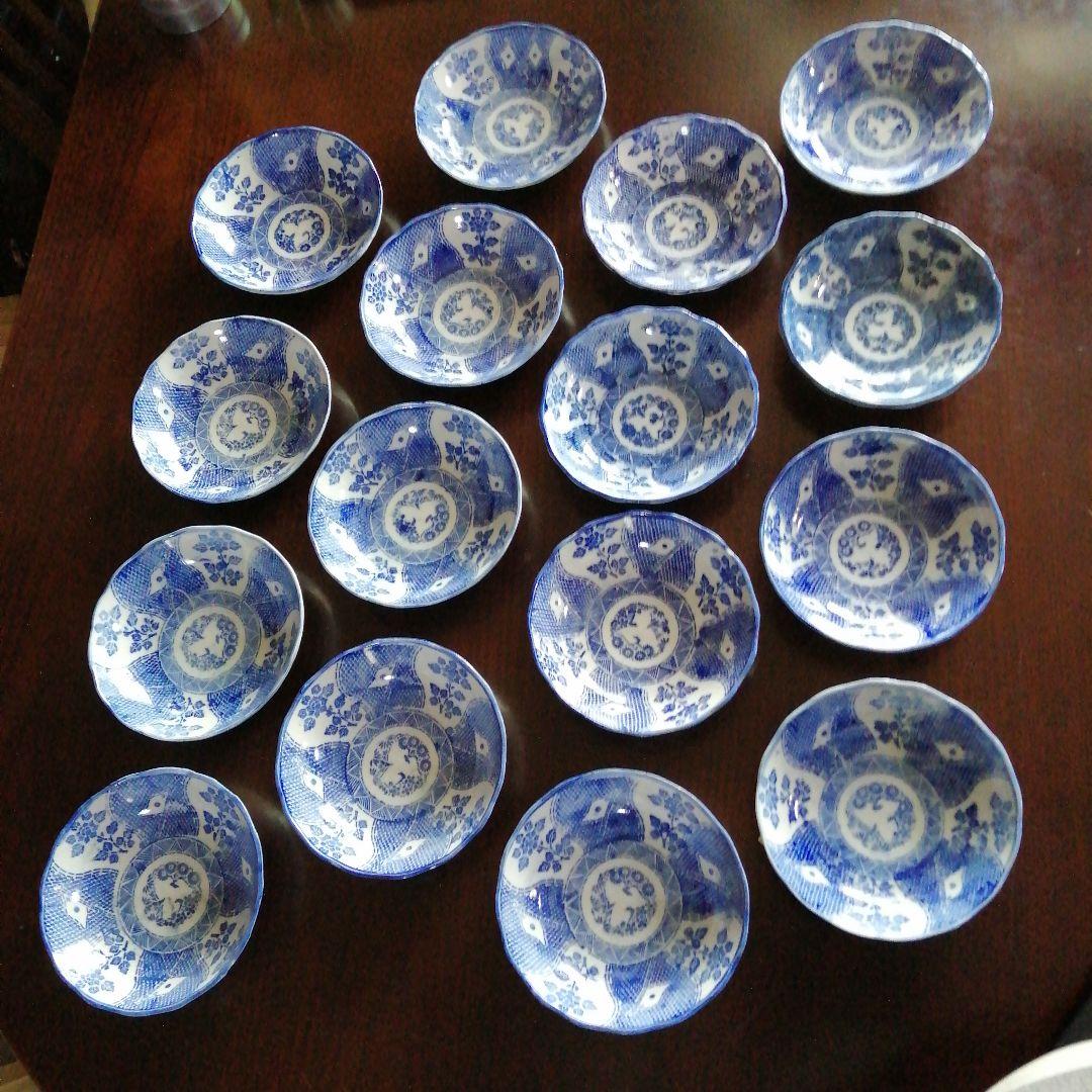 伊万里　紙摺印判染付膾皿　16客　15.5cm　明治〜大正期