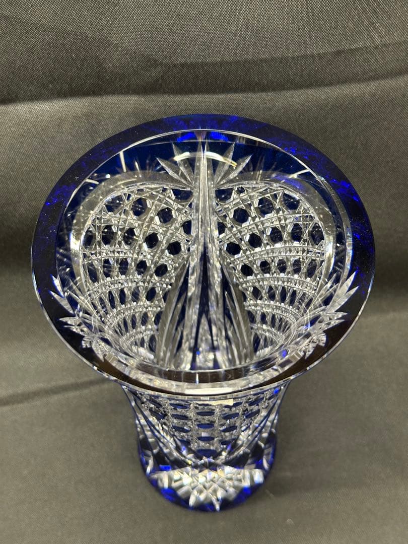 【使用美品】江戸切子　切子　花器　花瓶　壺　泰典　青　ブルー　20.5cm