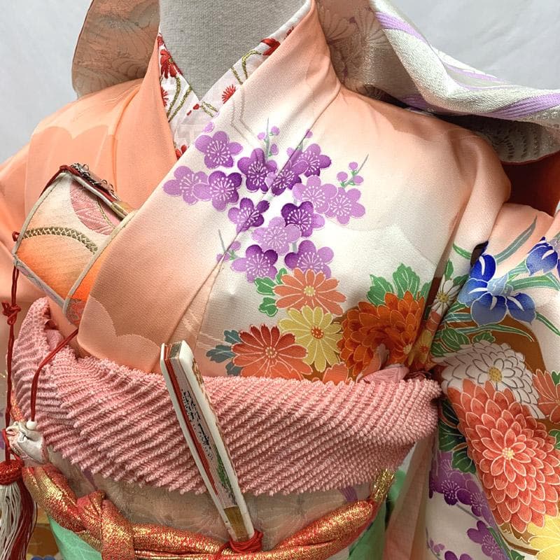 503ag48□七五三 七歳 女児 着物&袋帯&長襦袢 牡丹 菊□状態良好