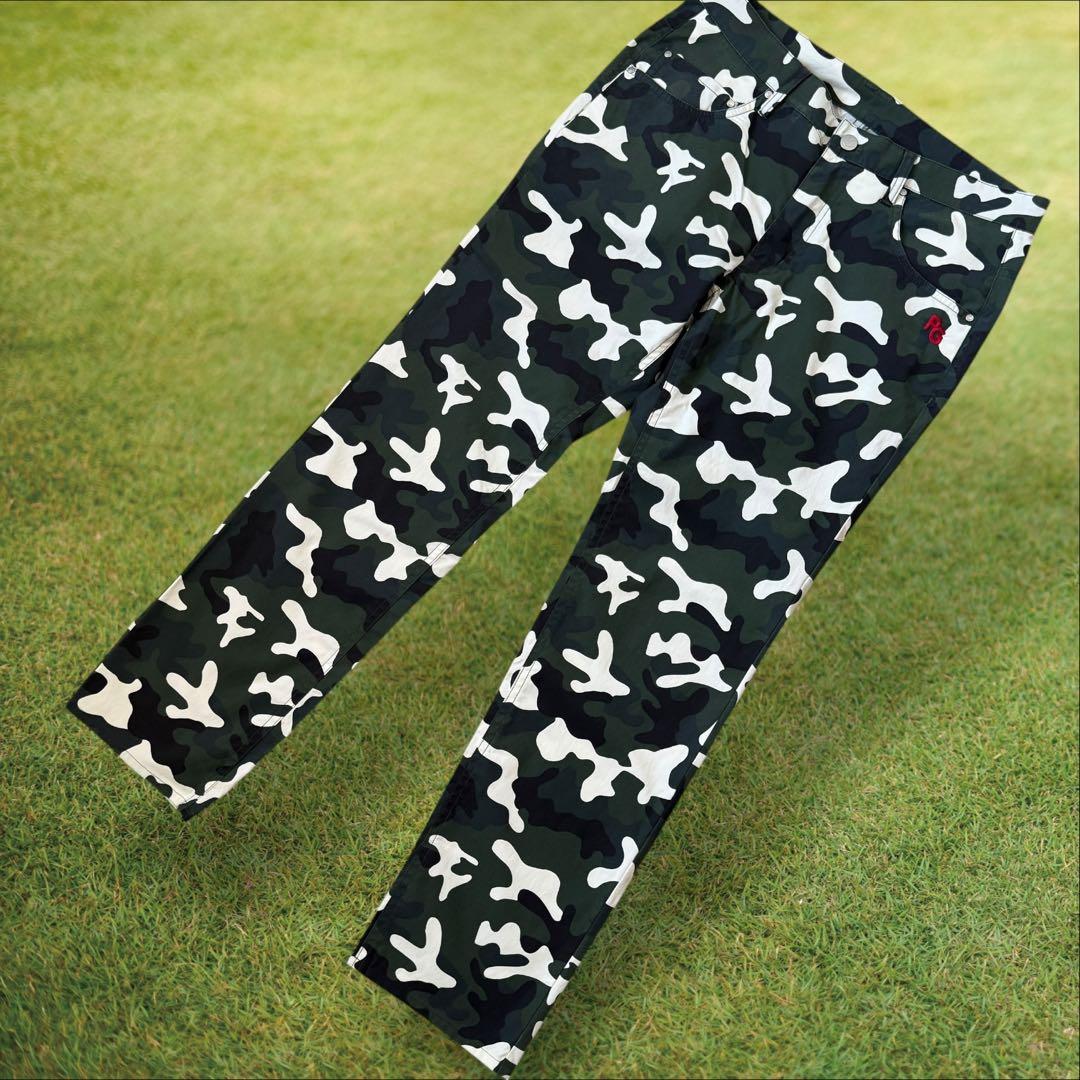 美品 パーリーゲイツ パンツ 迷彩 黒 白 緑 カーキ M〜L相当 カモ柄 4