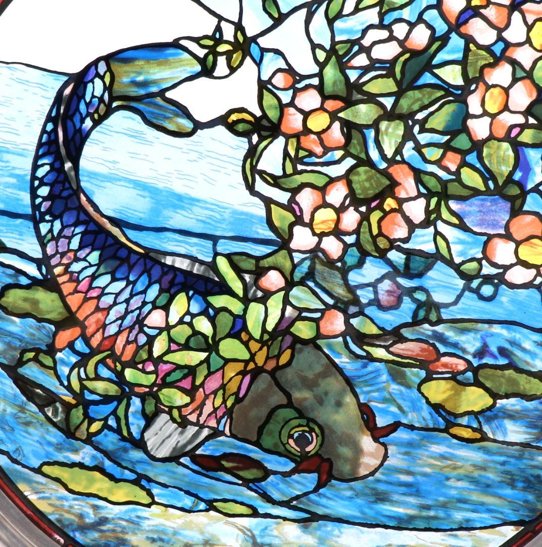 ジョン・ラファージ 丸型大型 ヴィンテージステンドグラス 花と鯉