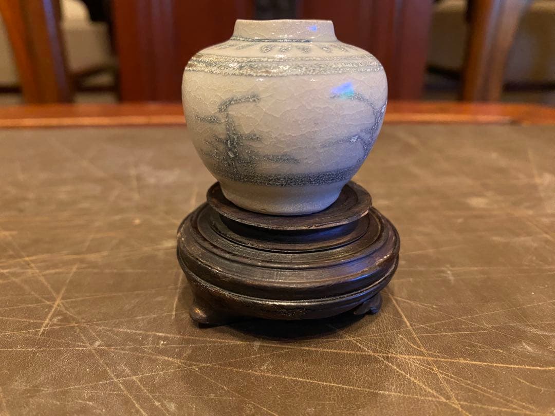 安南焼・アナミス ミニ染付花器 鑑賞台付 一輪挿し ヴィンテージ レア