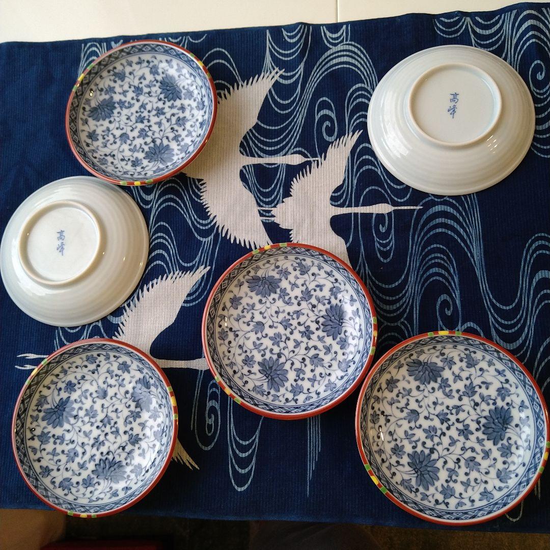 釧里窯高橋義信作釧路湿原焼中皿「湿原に舞う丹頂鶴とわたすげ」5枚