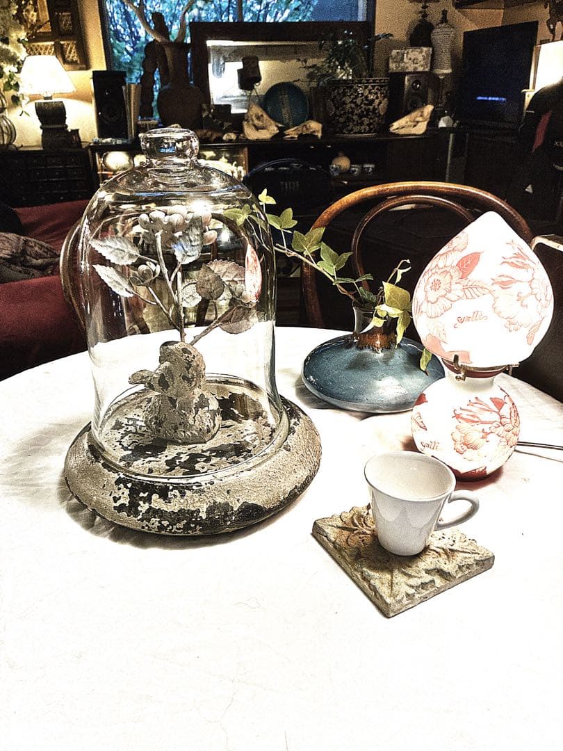 希少アンティーク鳥とお花オブジェのガラスドーム/パリアンティーク