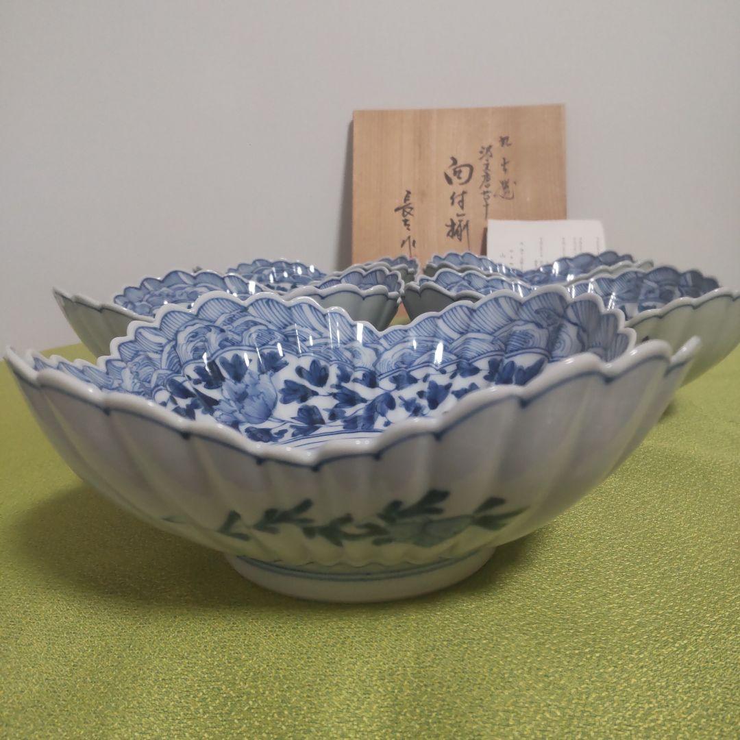 山本長左 九谷焼 向付 波文 唐草 鉢 5枚 箱付 - メルカリ