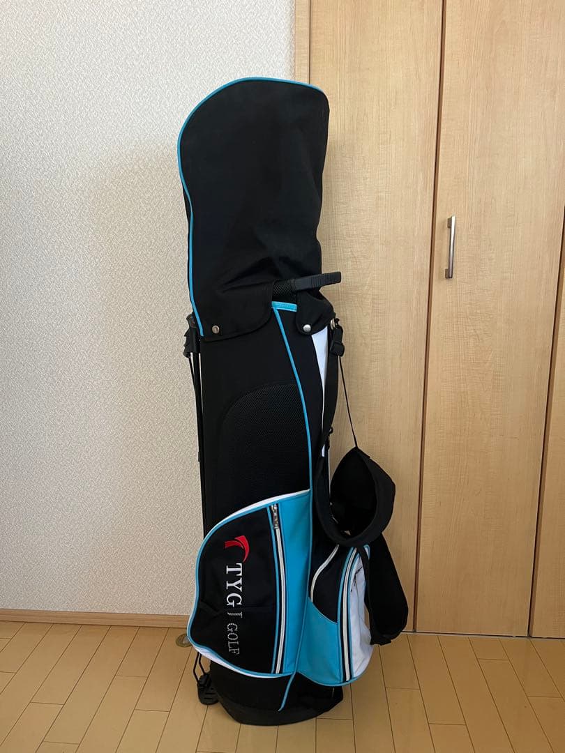 【ほぼ未使用】TYGJ golf キャディバッグ スタンド型 ブラック/ブルー BLUE TEE GOLF（ブルーティーゴルフ） ストレッチ スタンドキャディ