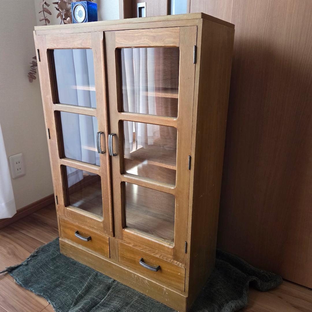 古家具 本棚 ガラスキャビネット ビンテージ 木製 収納棚 ナチュラル
