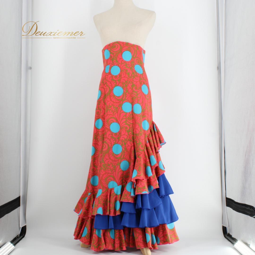 美品 フラメンコ衣装】オレンジ ファルダ スカート ハイウエスト 青