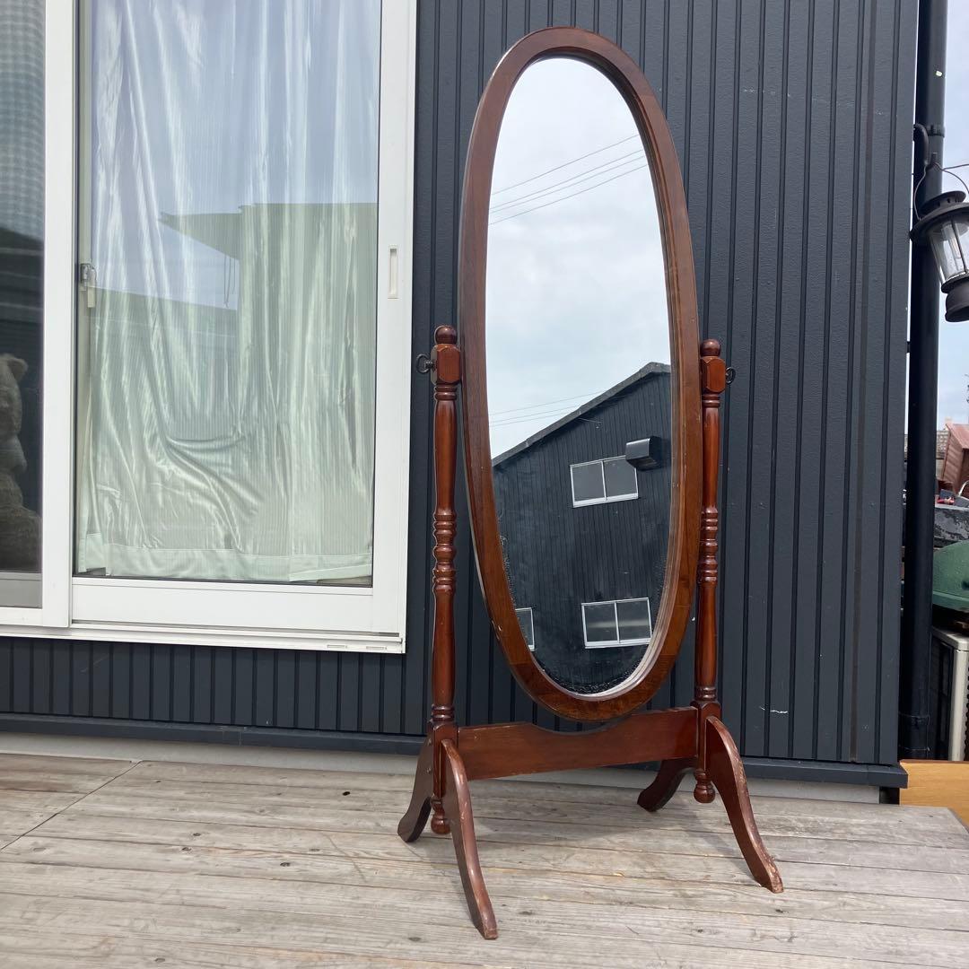 昭和レトロ 英国クラシック オーバル型 木製スタンドミラー 脚付き
