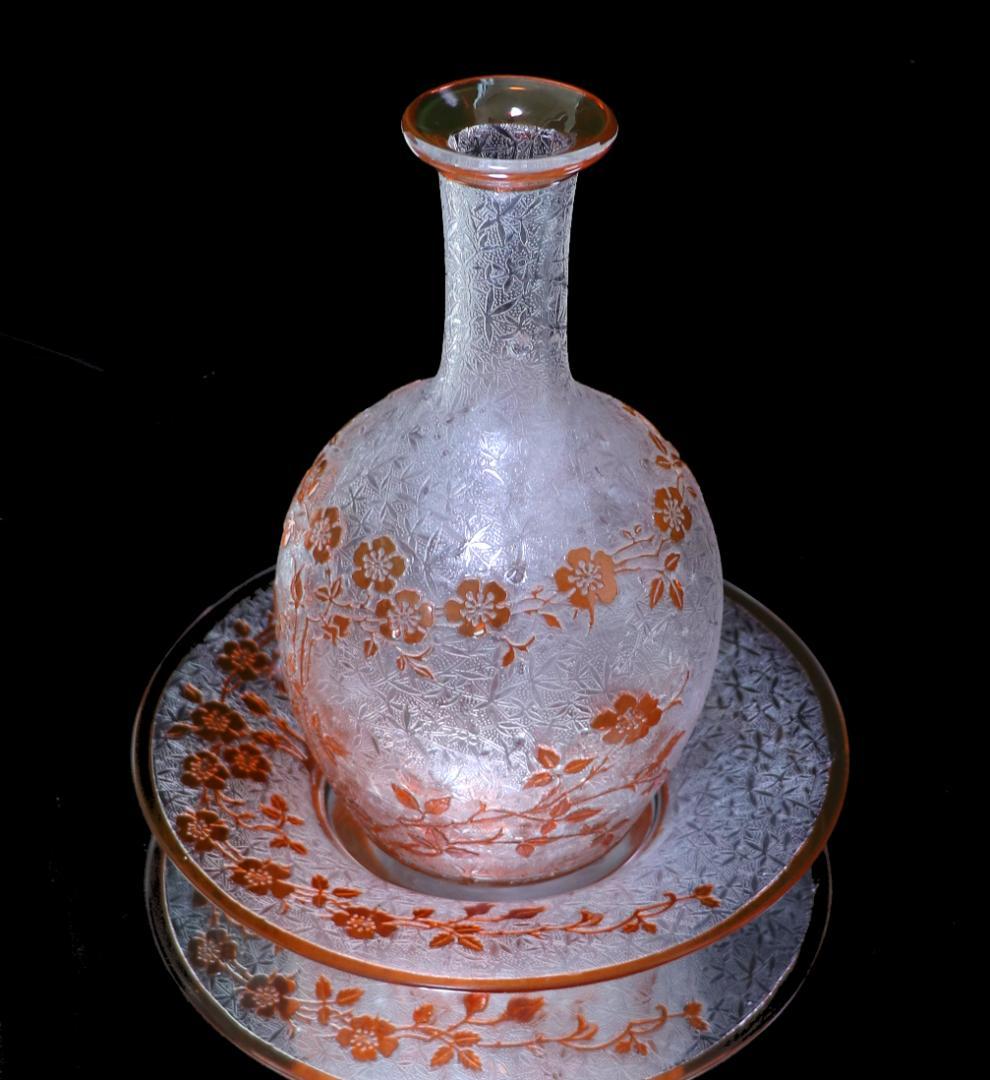 オールド・バカラ 希少色 橙色被せガラス 犬薔薇 コンポート皿