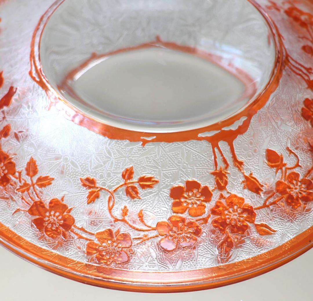 オールド・バカラ 希少色 橙色被せガラス 犬薔薇 コンポート皿