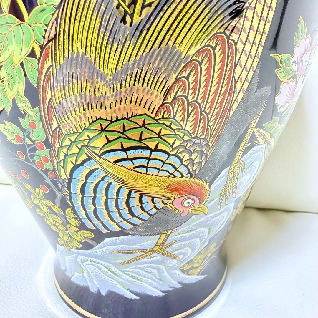 花瓶 明陶印 花鳥図 金彩 壺型 カメ型 藍色 大きめ 30cm お正月飾り