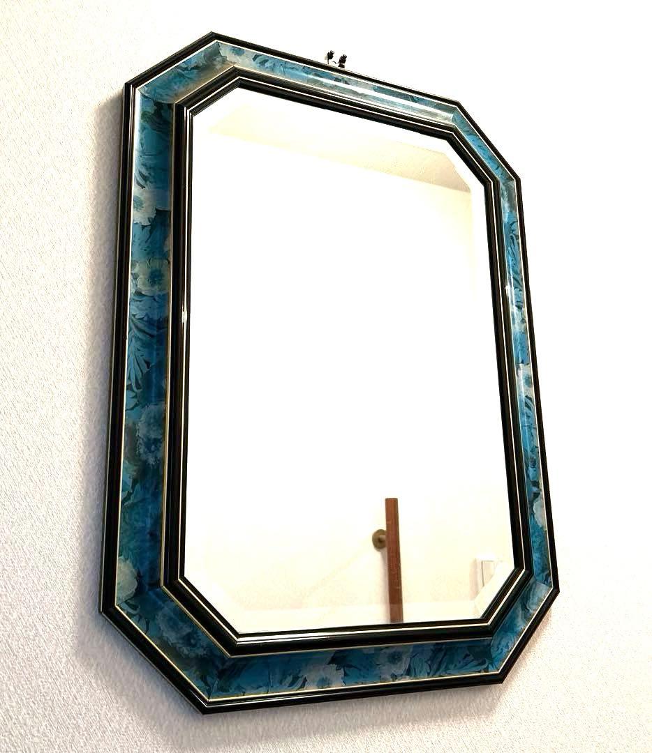 たのメル便発送♪ ヴィンテージ 八角形 壁掛け鏡 青花に黒と金