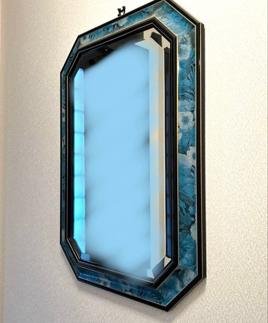 たのメル便発送♪ ヴィンテージ 八角形 壁掛け鏡 青花に黒と金