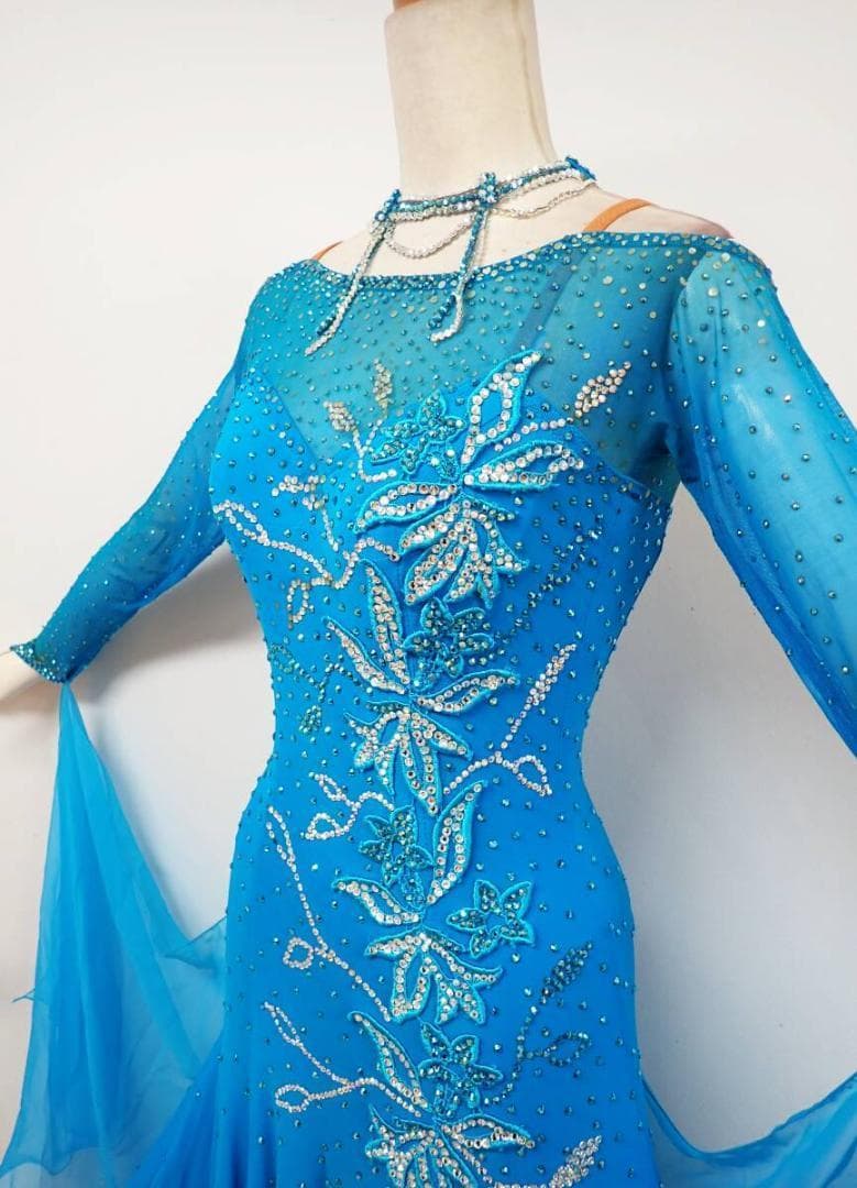 B1307☆水色/スワロフスキー/ワンピース/スタンダードドレス☆社交