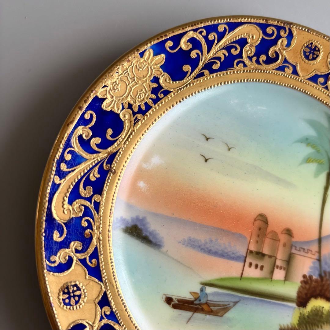 戦前期MEITO 手描き 豪奢な装飾絵皿 金彩xコバルトブルー 里帰り【稀少