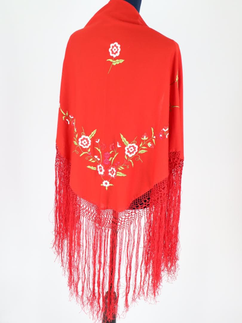 フラメンコ衣装 極美品】ロングフレコ付き 刺繍花柄 レッド シージョ