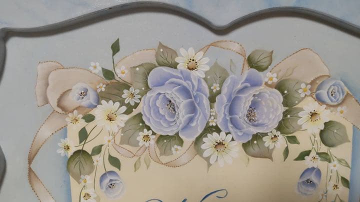 トールペイント作品 大理石の地模様 ブルーの薔薇 welcomeボード