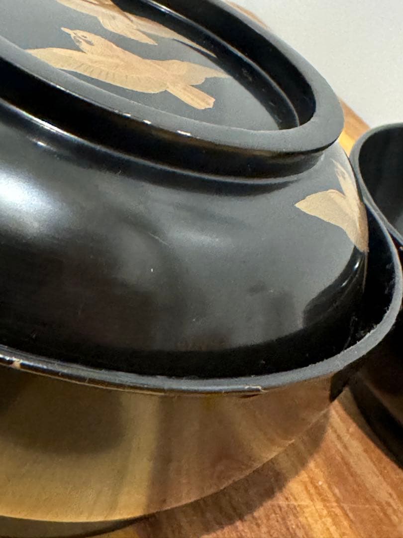 レアな超絶技法　大名本杢漆器　輪島塗　雀椀　見返り麦　2脚のペア　未使用品経年傷