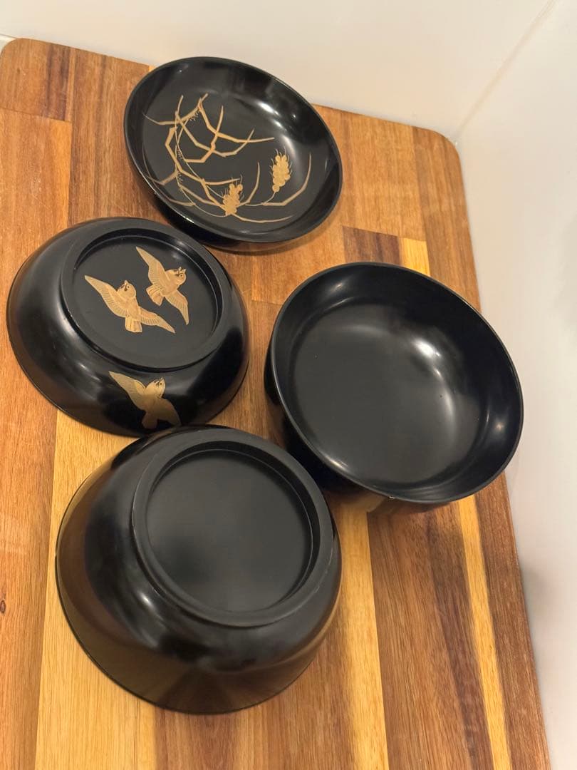 レアな超絶技法　大名本杢漆器　輪島塗　雀椀　見返り麦　2脚のペア　未使用品経年傷