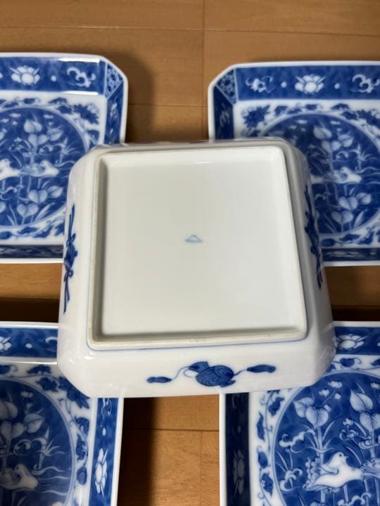 612 深川製磁 時代物 角皿セット 染付オシドリ 5客 古美術品 未使用