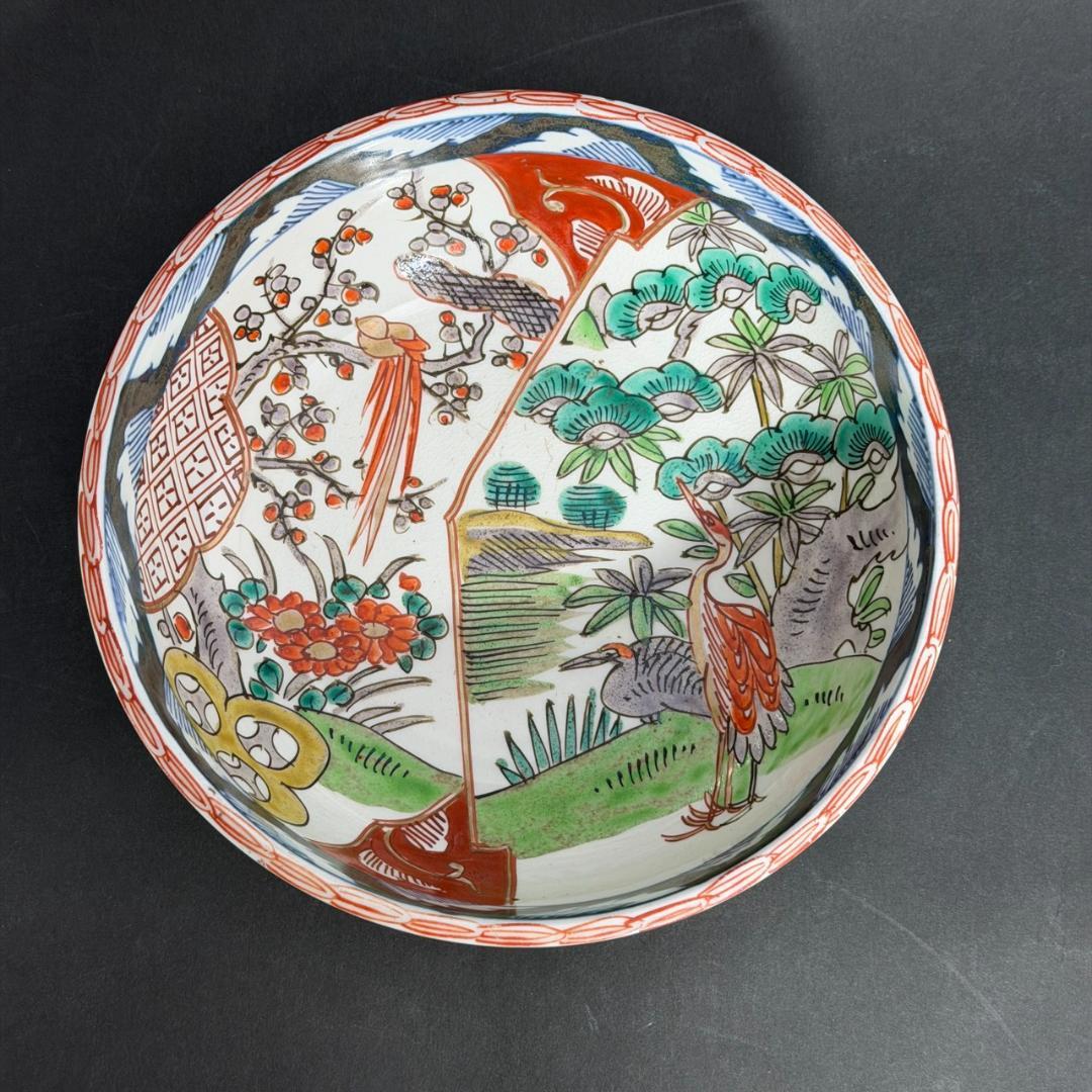 有田焼 色絵 中鉢 草花文 二重高台 松竹梅 丹頂鶴 18.5センチ 伊万里焼