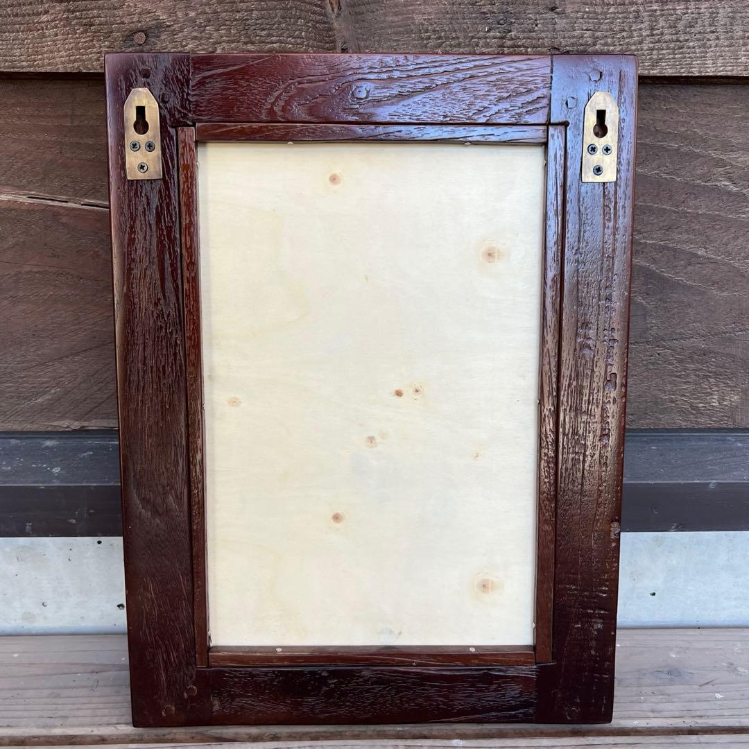 オールドチーク材の壁掛け鏡 40cm × 30cm こげ茶 木製フレーム 無垢材
