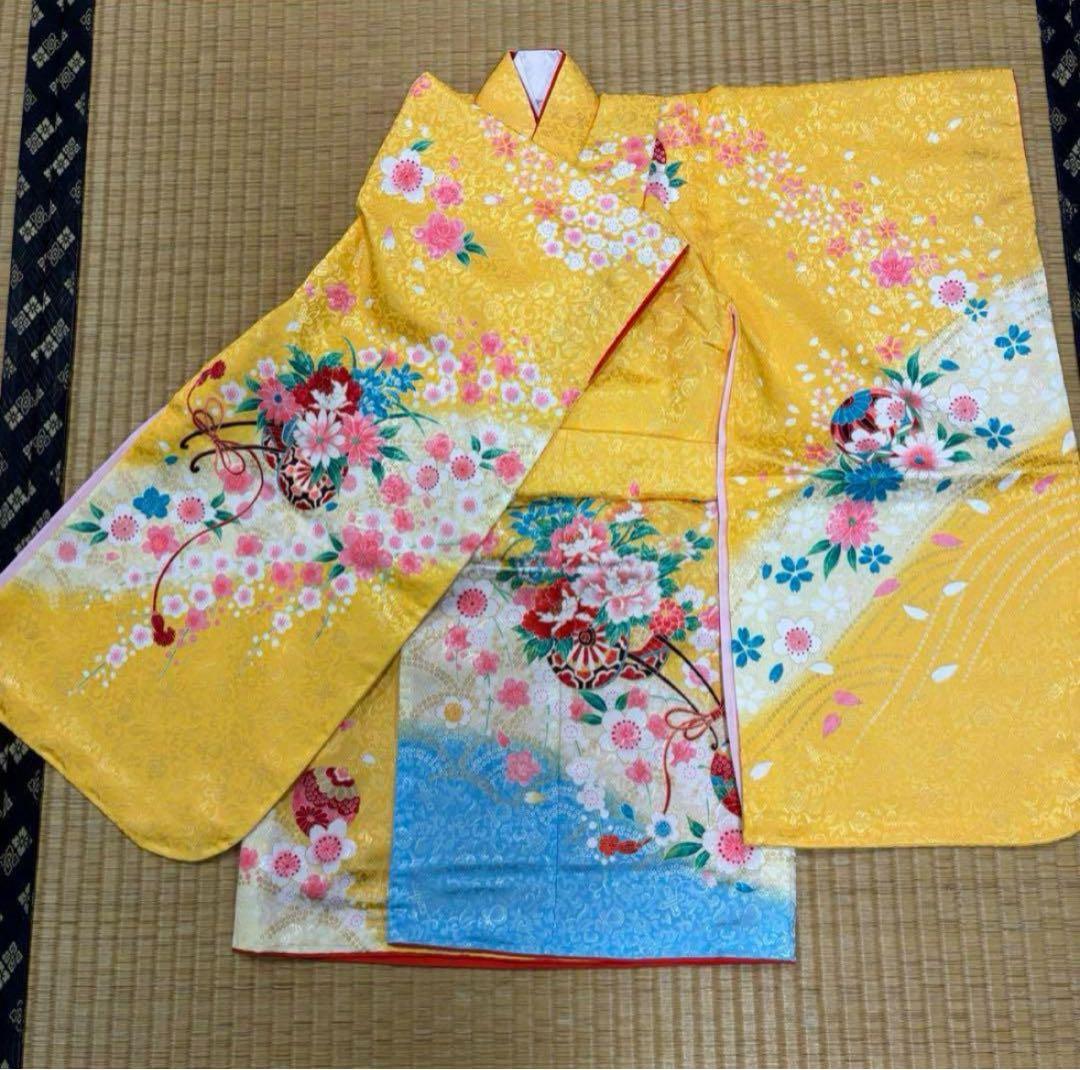 七五三　3歳女の子着物　新品　２点セット　鮮やか黄色　水色　花車　手毬　日本製 SOUBIEN（創美苑） レンタル 七五三 女の子 3歳 着物 被布 フルセット